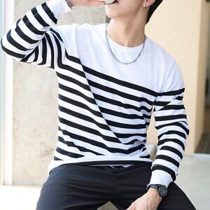Black And White Casual Mens Striped Pattern Sweater